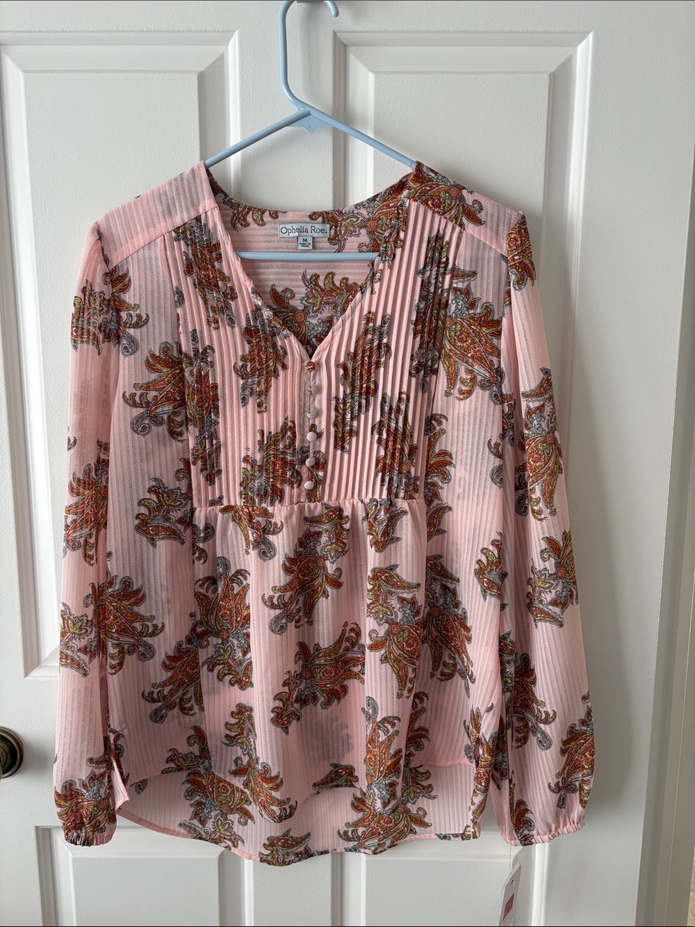 Ophelia Rose Pink Paisley Pleated V-Neck Blouse